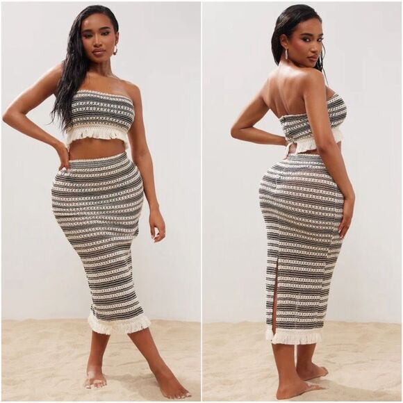 NWT Fashion Nova Mornings In Tulum Corset Lace Beach Cover Up Skirt Top Set Sz L - Picture 1 of 9